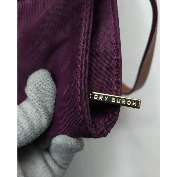 Tory Burch Purple Nylon Brown Leather Trim Double Handle Satchel Shoulder Bag - Picture 13 of 16